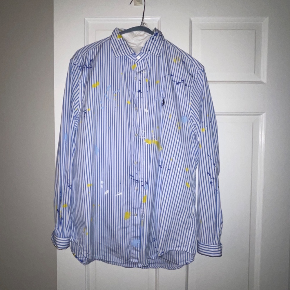 POLO Ralph Lauren Women L Blouse Paint-Splatter Blue Stripes Cotton Casual